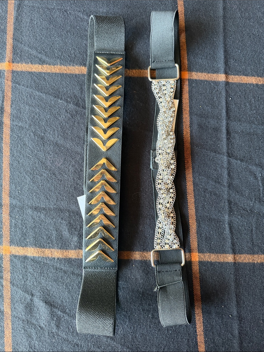 Express Black Elastic Belts with Gold Chevron and Rhinestone Details
